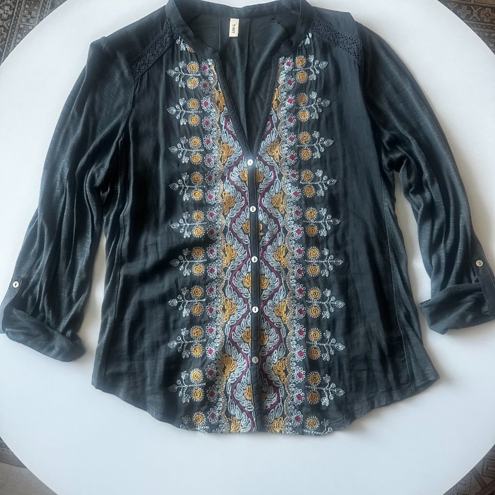 Embroidered button down top